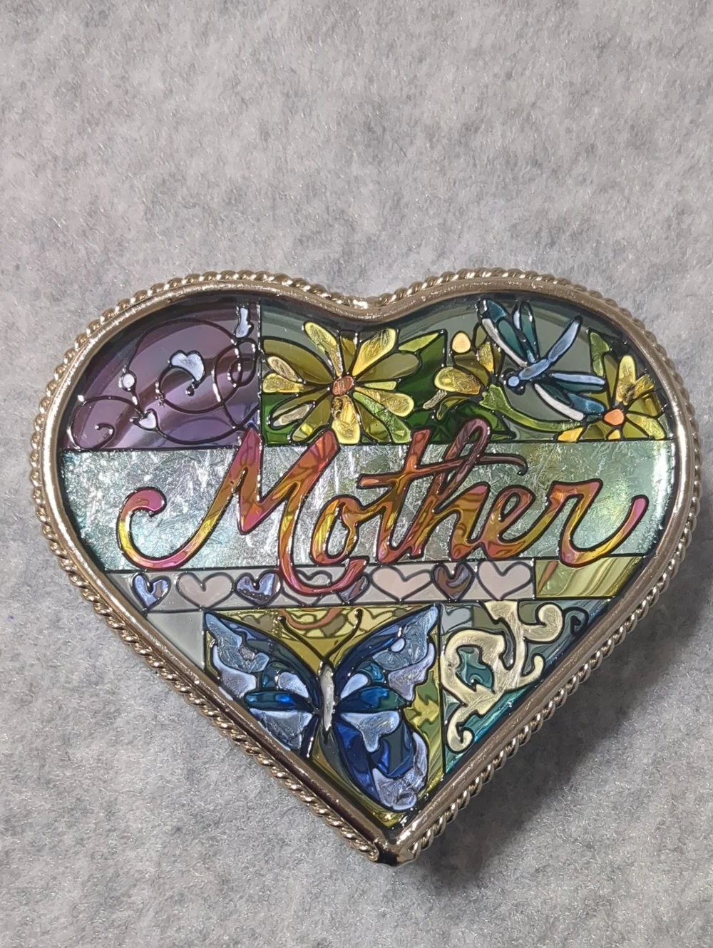 Amia Heart Shaped "Mother" Jewelry Trinket Box Hinged Hand Painted Stained Glass - Picture 3 of 9